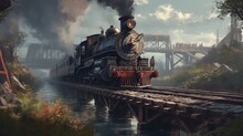 Old Steam Train On The Bridge. Generative AI