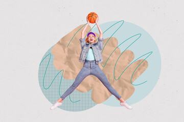Wall Mural - Magazine picture sketch collage image of smiling excited lady catching basketball ball isolated creative background