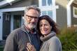 Mature happy couple in front of their home, testimonial shot style, AI generated content without reference