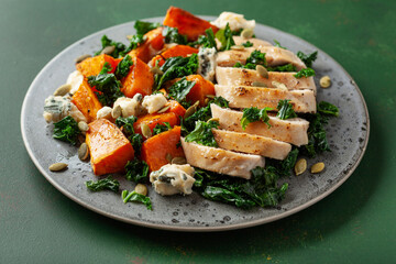 Wall Mural - chicken breast with sweet potato, blue cheese and kale. healthy lunch