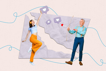 Wall Mural - Creative collage of excited girl listen music earphones arm catch like notification aged man shooting bow arrows isolated on painted background