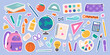 © Anna Bova - Big set of school supplies and education stickers. Back to school. Backpack, books, globe, pencil box, paints, ruler, pen, pencil. Suitable for prints, cards, paper crafts, scrapbooking.