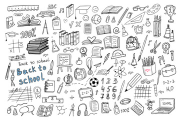 Big cute set of school icons. Back to school. Doodle style. Good for textile fabric design, wrapping paper, banner, posters, cards, stickers, professional design and website wallpapers.