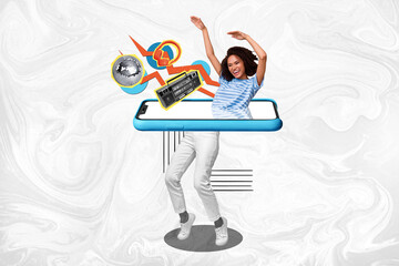 Poster - Creative magazine collage image of happy cool lady having fun ordering music gadgets isolated white color background