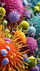 Wall Mural - macro image of viruses and bacteria in tissues, colorful vivid background microbiological microlife, macro bokeh depth of field