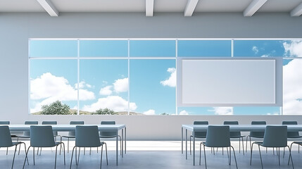 A classroom or presentation room. White chairs, panoramic windows with white copy space and a chalkboard on the wall., Generative AI