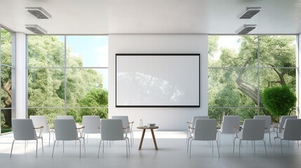 A classroom or presentation room. White chairs, panoramic windows with white copy space and a chalkboard on the wall., Generative AI