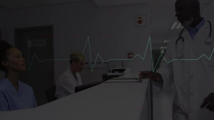 Sticker - Animation of medical data processing over african american male doctor at hospital reception