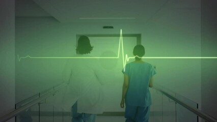 Wall Mural - Animation of medical data processing over diverse doctors in hospital