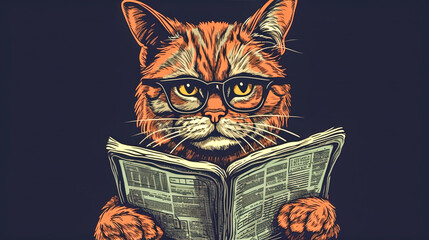  Cat with glasses reads a newspaper, generative AI.