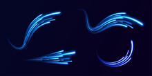High Speed Effect Motion Blur Night Lights Blue And Red. Futuristic Neon Light Line Trails. 