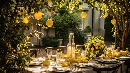 wedding and holiday in Italy. Festive  party decorated with lemons.  festive table, which is decorated with lemons and herbs, on the table are plates, glasses and candles. 