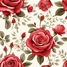 Seamless Pattern Of Red Rose Flowers And Leaves On A White Background. Seamless Design Of Ripe Rose Hips For Fabric, Paper, Printing. Generative AI.