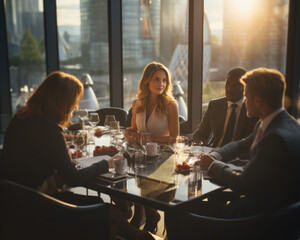 Female CEO business team dinner at a fancy restaurant, professionals bankers in suits created by AI