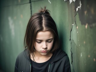 Wall Mural - Lonely caucasian teenager girl against an urban old wall. Young homeless girl. Generative AI