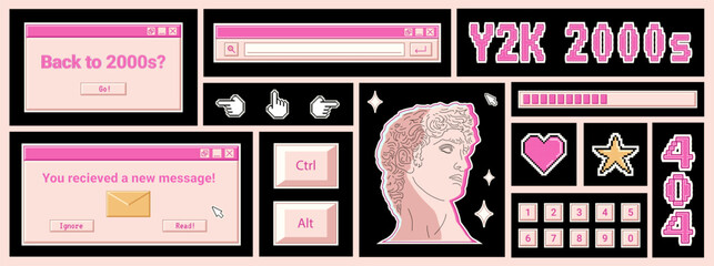 Wall Mural - trendy y2k banner with retro stickers, computer windows, pixel elements, greek statue, vintage keybo