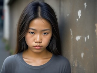 Wall Mural - Lonely asian teenager girl against an urban old wall. Young homeless girl. Generative AI