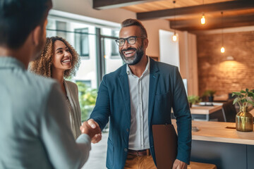 Couple shaking hands with a real estate agent after purchasing a home, showing pride and excitement associated with new home ownership