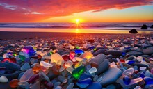 Glass Pebble Beach Sunset. A Beautiful Beach Of And Sea Shells Sea Glass Made Of Tumbled Glass Polished Over Time By The Waves Of The Ocean Into Shining Pebbles. AI Generative.