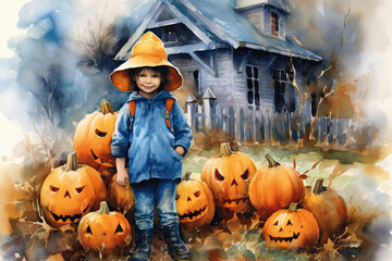 Little boy stands near pile of orange Jack o lantern pumpkins on house backdrop. Watercolor drawing.