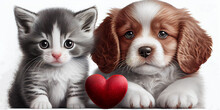 A Portrait Of A Puppy And A Kitten Sitting Together, With A Small Red Heart Between Them. Generative AI