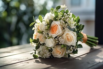 Beautiful wedding bouquet of white roses on a wooden table. Happy wedding conception. Generated Ai.