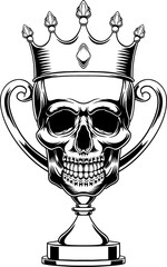 Wall Mural - hand drawn line art illustration of skull shaped trophy with crown