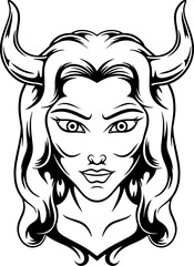 Wall Mural - hand drawn line art illustration of devil girl mascot logo design