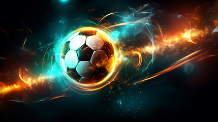 Fiery Soccer Ball In Goal In Flames, neon lines soccer ball light background. Generative AI