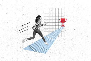 Sticker - Photo collage of progressive woman running fast speed achievement goal championship cup leader competition isolated on grey background