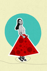 Sticker - Funky young beautiful lady collage promo picture wearing red stylish dress skirt dancing comics personage isolated on drawn background