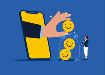 Businesswoman collect funny and positive emoticons into Glass Jar. Work motivation. Employee happiness, job satisfaction, company benefit, positive attitude. 