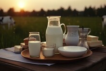 Fresh Dairy Products On The Table, Background Of A Field And Grazing Cows.