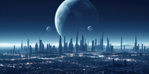 Futuristic illustration of modern night city with moon and planets.
