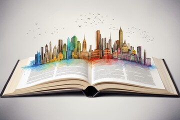 Illustration of a colorful modern city on an open book.