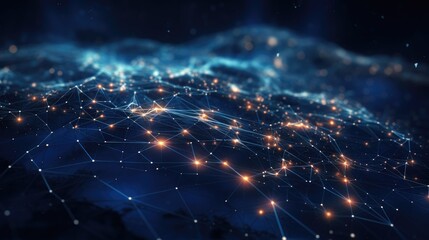 Wall Mural - abstract technology background of a quantum computing system with a cyber network grid and connected