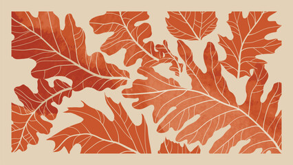 Wall Mural - Abstract art autumn background vector. Botanic fall season hand drawn pattern design with oak leaves. Simple contemporary style illustrated Design for fabric, print, cover, banner, wallpaper.