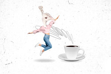 Creative Abstract Composite Photo Collage Of Headless Girl With Bird Head Jump To Morning Cup Of Coffee Isolated Painted Background