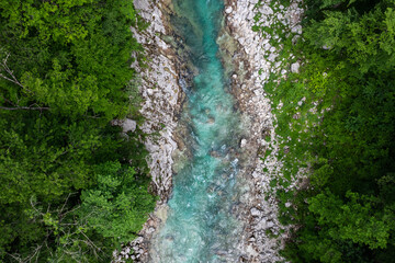 Canvas Print - Aerial drone view of Soca river and green lush landscape in Slovenia at summer