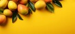 Creative food summer mangos fruits banner  - Top view of many fresh ripe mango and tropical leaves, isolated on yellow background texture (Generative Ai)