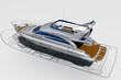 3d Yacht auf dem Reißbrett mit Konstruktionsunterlagen