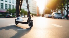 A Closeup Photo Of A Person Driving Eco Friendly E-scooter In The Middle Of A Urban City Street. Generative AI