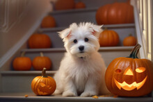 A Cute White Dog Sits On The Stairs Near The Pumpkins. Halloween Holiday. Jack-o'-lantern. Generative Ai, Ai, Generative