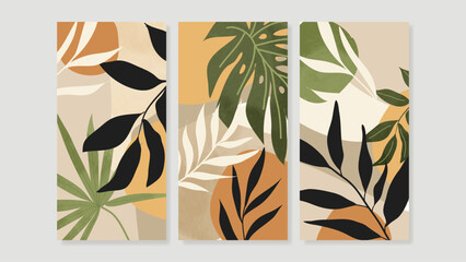Wall Mural - Set of abstract foliage wall art vector. Leaves, organic shape, earth tone color, tropical leaf in hand drawn style. Watercolor wall decoration collection design for interior, poster, cover, banner.