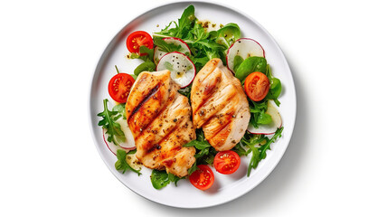 Chicken fillet with salad. Healthy food, diet lunch concept. Top view on white background. Generative AI