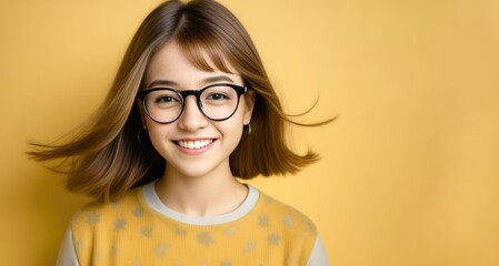 Wall Mural - Image of teenage girl on yellow background. Generative AI