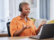 © Malik/peopleimages.com - Black woman, call center and consulting on laptop in customer service, support or telemarketing at home. African freelance person or consultant agent talking on computer with headset in online advice