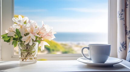 A cup of coffee with blue ocean with flower vase on the table Generative AI