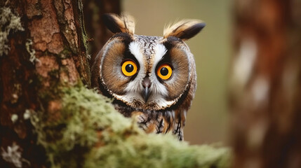 hidden portrait of long-eared owl with big orange eyes behind larch tree trunk. hide and seek with c