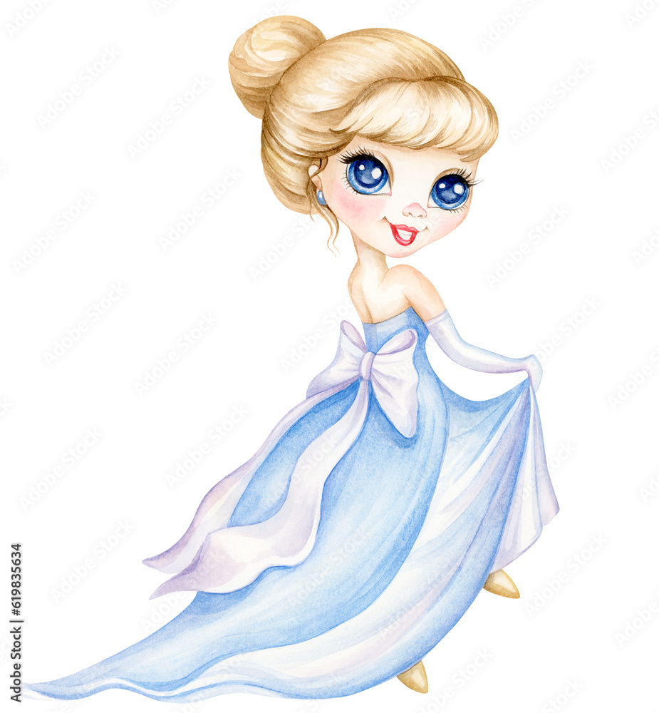 Watercolor Hand drawn Cute Cinderella. Cartoon of a little princess in ...
